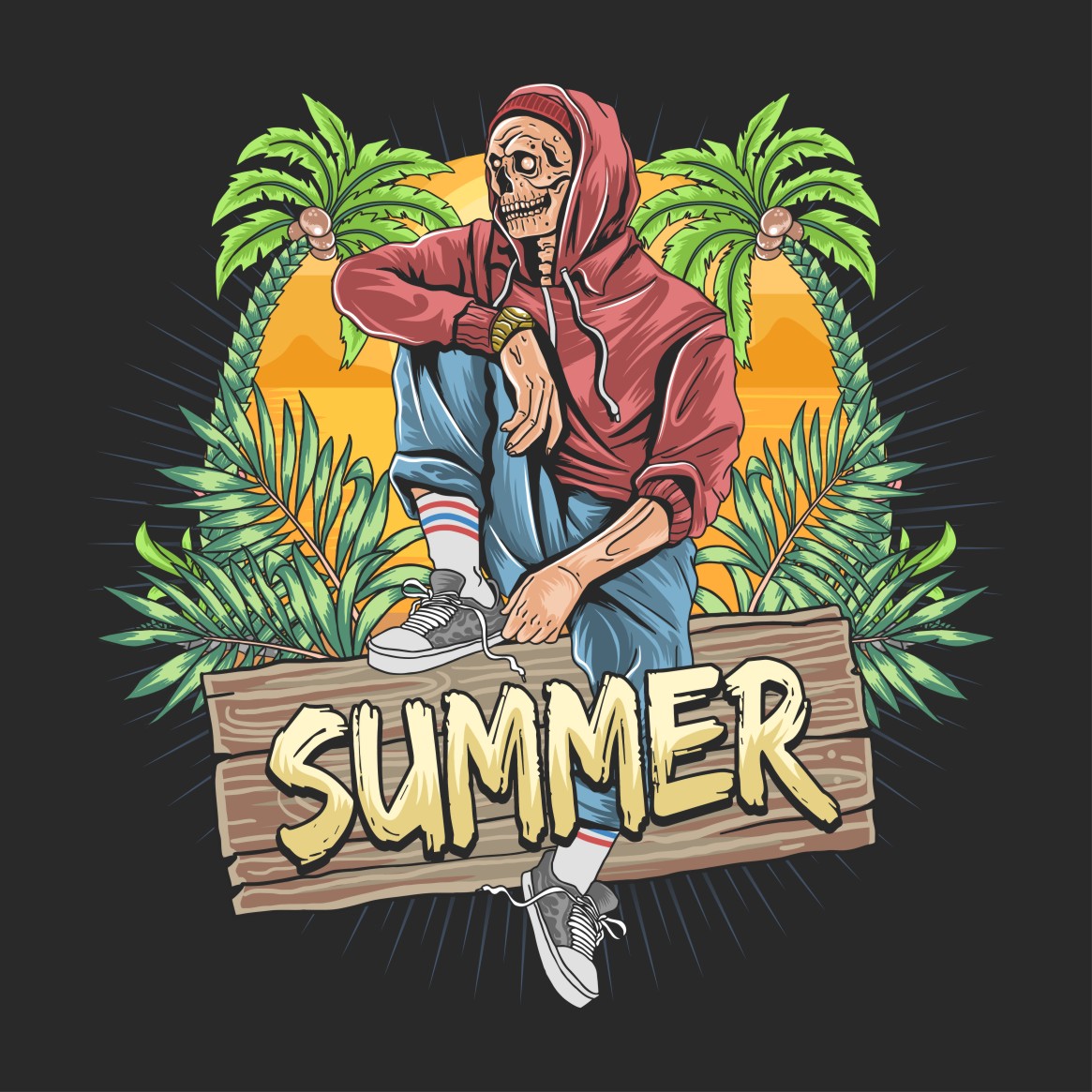 skull zombie summer with tropical leaf and coconut tree artwork vector